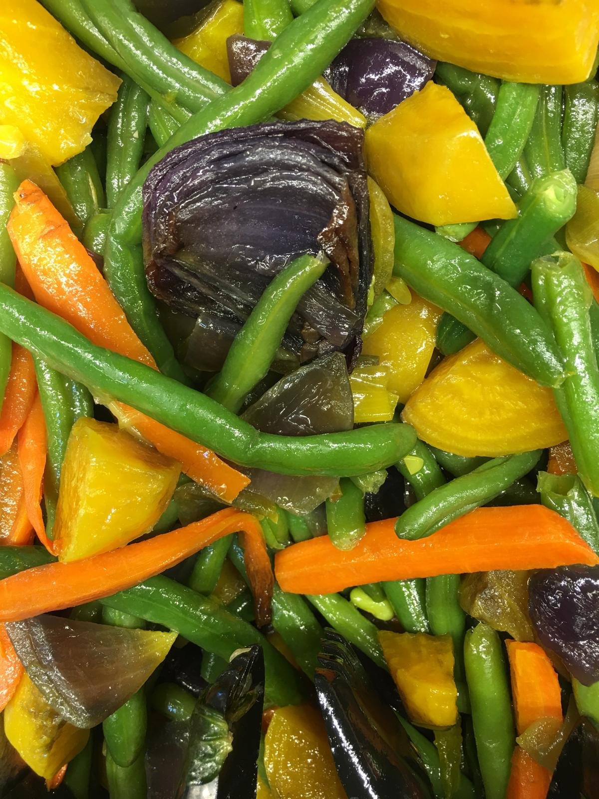 Green beans, carrots and golden beets.
